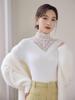 2024 Nueva Camisa Base de Malla con Forro de Felpa Gruesa Encaje para Mujer Primavera y Otoño Interior Ajustada Estilo Occidental Mangas Largas Chaqueta Simple