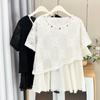Moda Coreana 2025 Plus Size Feminino Manga Curta Irregular com Aplicação de Renda 100,00kg Menina Cheinha Top Falso Duas Peças 7225