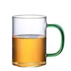 Tazas de té de vidrio de colores, hechas a medida y resistentes a altas temperaturas, para preparar té verde, leche y otras bebidas; tazas de vidrio de paredes gruesas con asas y lados rectos, diseñadas para té verde