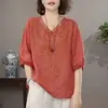 Blusas de Manga Corta de Verano, Camisas Sueltas de Seda y Lino, Tops Delgados de Estilo Retro para Mujer, Bordados, Sudeste Asiático, Otros