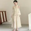 Conjunto de Calça Pantalona Sem Mangas de Fora do Ombro para Meninas de Verão Novo Roupa Infantil Crianças Meninas Novo Estilo Chinês Estilo Nacional Qipao Conjunto de Duas Peças