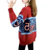 Cárdigan de Punto de Otoño Nuevo 2026 con Estampado de Letras y Bloques de Color, Estilo Europeo y Americano, Cuello en V, con Bolsillos de Parche, Cárdigan para Mujer