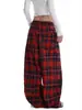 Venta Directa de Fábrica Diseño Retro Americano Bloques de Color Cuadros Pantalones Casuales con Cordón Versátiles de Pierna Ancha hasta el Suelo para Hombres y Mujeres