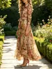 Nuevo vestido de moda retro con estampado floral transfronterizo europeo y americano, elegante vestido camisero de manga larga con botones y corbata en la parte delantera