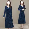 Vestido de Veludo Dourado Estampa 3D Feminino Primavera Outono Tamanho Plus Temperamento Emagrecimento Roupa de Mãe Grande Balanço Acima do Joelho Vestido Longo