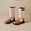 Botas de otoño e invierno transfronterizas de punta redonda hasta la mitad de la pantorrilla, con suela gruesa, antideslizantes, de bloques de color, versátiles, de tacón medio, estilo equitación, botas para mujer de talla grande de comercio exterior