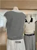 Top de Punto con Cuello en Contraste para Mujer Verano Manga Corta Delgado Holgado Estilo Francés Elegante Camisa Polo Combinación de Colores Sencilla Camiseta