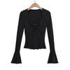 YPFF ropa de mujer moderna estilo deseo puro camiseta hueca con anillo metálico en el pecho borde de copia secreta top elástico de manga larga con cuerno