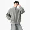 Chaqueta Gris con Cuello Alto Estilo Retro Americano para Hombre Otoño Invierno Marca de Moda Holgada Versátil Tacto de Alta Gama Doble Cremallera Chaqueta Casual
