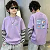 Camiseta de algodón de manga larga estampada para niños, moderna y sencilla, camiseta básica de retazos a rayas estilo coreano, top de imitación de dos piezas, estilo ins