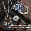 Pintura a óleo vintage Aqua Blue Water Drops Gem Ring banhado a ouro 18K Diamond Group Set Zircon Opening Ring Brilliant Necklace