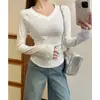 Foto Real de Camiseta de Manga Larga con Cuello en V para Mujer, Nuevo Estilo Primavera 2026, Ceñida a la Cintura, Corte Ajustado, Camiseta Básica Favorecedora para Mujer