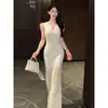 Vestido longo elegante e sofisticado estilo coreano, feminino, feito de seda gelada, bonito, delicado e moderno