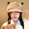 Boina de Pana con Estampado de Leopardo y Orejas de Gato para Mujer, Bonito Sombrero Octogonal para Adelgazar el Rostro para Primavera y Otoño, Sombrero de Artista para Cabeza Grande