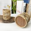 Porta-canetas de vime vietnamita de madeira vintage trançado, balde para canetas, material de escritório de mesa, pente, tubo de armazenamento de maquiagem, tubo de decoração para faca e garfo