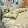 Juego de Ropa de Cama Rayada Lavada de Algodón Puro Bloque de Color Ins, Juego de Cuatro Piezas con Ribete, Fresco Juego de Tres Piezas, Juego de Cuatro Piezas Lavado