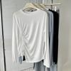 Delgada Camiseta de Algodón Tencel Arrugada Asimétrica Protección Solar Ropa Diseño Verano Manga Larga Cuello Redondo Blusa Aire Acondicionado Moderna