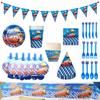 Decoração de festa tema carro de desenho animado pratos descartáveis faca garfo copo de papel prato canudo dragão de soprar gaiola bandeira de puxar atacado