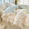 Estilo Princesa Coreana Saia de Cama Conjunto de Roupa de Cama de Algodão Puro Quatro Peças Roupa de Cama 100% Algodão Capa de Edredom Floral Lençol de Cama Conjunto de Três Peças