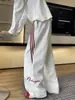 Calça moletom branca e cinza bordada listrada para homens, estilo americano de outono, peso pesado, corte solto, calça esportiva casual de perna reta e larga, moderna