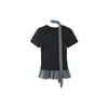Camiseta de Manga Corta con Retazos de Encaje a Cuadros de [Rayón] para Mujer Verano Ajustada Diseño de Hombro Derecho Top Estilo Ballet