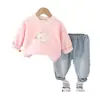 Traje de Manga Larga Estilista para Niña de Primavera y Otoño Coreano Nuevo Primavera Calle Frita Flor Amor Cuello Redondo Manga Larga Conjunto de Dos Piezas