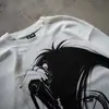 Camiseta Waffle de Manga Larga con Cuello Redondo Estampado de Personaje de Anime Estilo Oscuro Acg Color de Contraste Blanco y Negro Casual Y2K Ajuste Holgado