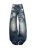 Jeans Feminino Retrô Americano Lavado com Padrão de Nó de Bambu, Pernas Curvas, Design High Street Outono/Inverno, Calças Largas Soltas Emagrecedoras
