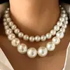 Colar Elegante Simples de Duas Camadas com Pérolas Artificiais Exageradas Estilo Retrô Europeu e Americano Venda Quente Cruzada para Clavícula