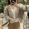 Suéter Rayado de Cuello V Estilo Coreano Nuevo de Primavera para Mujer, Diseño Holgado Perezoso, Chaqueta Cardigan Corta de Punto Versátil