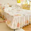 Saia de Cama de Algodão Puro com Acabamento de Renda Estilo Coreano Peça Única Todo Algodão Lençol de Cama de Verão Cobertura de Cama Universal para Todas as Estações Conjunto de Três Peças Estilo Princesa