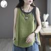 Algodón y Lino 2021 Verano Camisola Holgada para Mujer Top Delgado Asimétrico con Botones Decorativos Empalmado