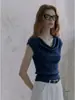 Camiseta de punto azul de manga corta con cuello de volantes para mujer, estilo francés de verano, única y chic, corte ajustado, longitud corta, juego de 1/4 de pulgada