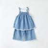 Nuevo Estilo de Verano Conjunto de Dos Piezas para Bebés Niñas: Chaleco Sencillo Bordado con Flecos, Pantalones Casuales Finos de Pierna Ancha y Mezclilla
