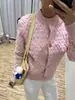 Nuevo Cardigan de Punto Holgado Jacquard Estilo Perezoso Casual de Manga Larga Redondo Rosa Retro 2025 para Mujer