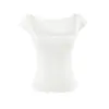 Camiseta Manga Curta Ruffle Gola Quadrada Estilo Desejo Puro Elástica, Top Curto Leve de Verão Slim-Fit Ligeiramente Transparente Sexy