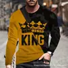 Padrão de Coroa de Rei Degradê Impressão 3D Nova Camiseta Casual Masculina de Gola Redonda e Manga Longa Transfronteiriça Direto do Fabricante