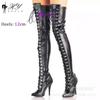 Botas de tamanho grande europeu e americano de 12cm para homens e mulheres, bico fino, salto agulha, acima do joelho, elásticas, justas nas pernas, 3646