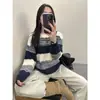 Tejido de Punto Rayado en Color de Contraste Ropa Exterior Holgada para Mujer Nuevo Estilo Otoño e Invierno 2025 Tejido de Punto Básico de Manga Larga Perezoso y Elegante con Cuello Redondo