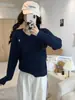 [Hilo de núcleo lavado] Suéter blanco de punto trenzado con cuello redondo bordado, prenda base de manga larga de ajuste holgado para mujer