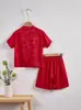 Nuevo Conjunto de Traje Tang Estilo Chino para Niños, Conjunto de Dos Piezas Moda Bebé Estilo Nacional, Conjunto de Verano Jacquard Manga Corta y Pantalones Cortos, Atuendo para el Primer Cumpleaños
