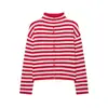 Jaqueta Tricotada Elegante Listrada Vintage Feminina Moda 2026 Estilo Europeu e Americano Cruzada Atacado 9598151