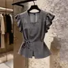 Camisa Gris de Manga Corta de Alta Gama y Elegante con Tirantes y Diseño ceñido a la cintura para Mujer, Camisa con Volantes Estilosa de Verano A12433