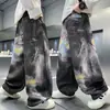 Jeans rectos holgados de pierna ancha para hombre, estilo casual americano, lavados, vintage, con graffiti pintado a mano, para primavera y otoño, de alta calle