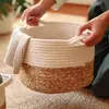 Cesta de Almacenamiento de Mezcla de Algodón y Paja con Bloques de Color, Estilo Minimalista Nórdico, Cesta para Artículos Varios, Cesta para Guardar Juguetes, Organizador de Escritorio