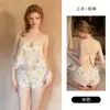Elegante y sexy diseño calado con copas, flores bordadas, top de algodón puro, shorts, bata de malla, conjunto de ropa para el hogar 6506