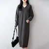 Vestido de Punto de Lana 100% Otoño/Invierno Estilo Nuevo Cuello Tijera Adelgazante Suéter de Manga Larga para Mujer Vestido Base Largo Hasta la Rodilla