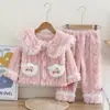 Conjunto de Duas Peças Forrado com Lã para Menina Roupas de Inverno Outono e Inverno Novo Estilo Roupas de Casa Crianças Quente Cordeiro Manga Longa Terno