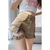 Shorts Cargo Cáqui com Design de Amarração, Botões de 101,25kg, Jeans Casual de Verão para Mulheres que Valorizam a Figura