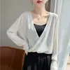 26 Nuevo Punto de Bambú Primavera/Verano Cuello en V Tirantes Cruzados Manga Larga Color Sólido Delgado Protector Solar Camisa Kimono Top de Color Sólido para Mujer